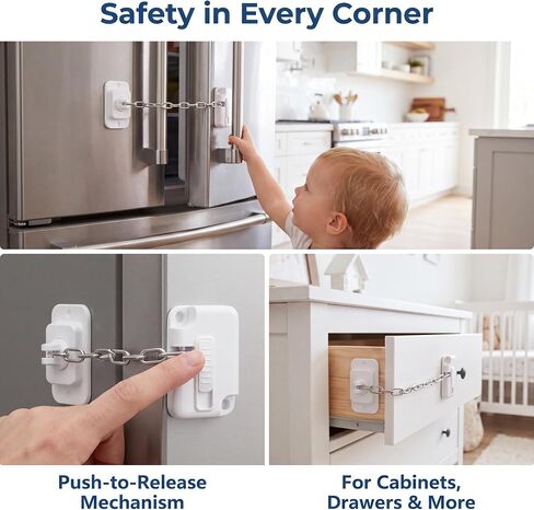 Child Proof Door Lock & Cat Door Latch, Adjustable Door Strap for Kids Safety, No Drill Adhesive Door Stopper for Fridge, Cabinets, Window, Keep Dogs Out (White, 2 Pack) in Kuwait