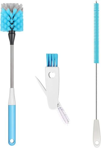 Bottle Brush 15-inch Long Bottle Brush, Kitchen Brush Set with Straw Cleaner and Cup Lid Cleaning Brush. Bottle Brushes Suitable for Water Bottles, Cups, Glasses, Baby Bottles (3, Blue) in Kuwait
