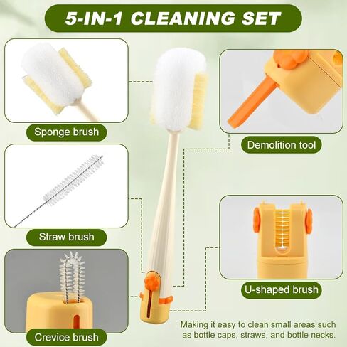 5 in 1 Bottle Cleaning Brush Set Multifunctional Water Bottle Brush and Straw Cleaner Brushs Portable Long Handle Bottles Scrubber for Cup Lids(Color:Green) in Kuwait