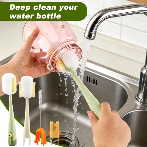 5 in 1 Bottle Cleaning Brush Set Multifunctional Water Bottle Brush and Straw Cleaner Brushs Portable Long Handle Bottles Scrubber for Cup Lids(Color:Green) in Kuwait
