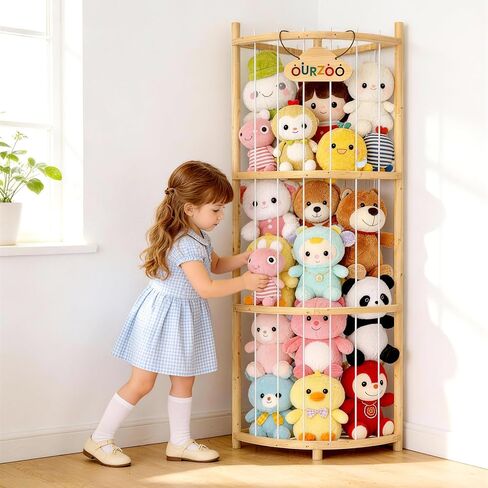 Wooden Corner Stuffed Animal Storage Organizer Tower with Stability Strap, Space-Saving 1/4 Circular Plushie Zoo Cage for Toddler Bedrooms, Playrooms & Living Rooms, Toy Organizer and Storage Solution in Kuwait