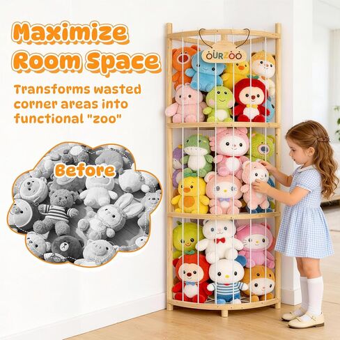 Wooden Corner Stuffed Animal Storage Organizer Tower with Stability Strap, Space-Saving 1/4 Circular Plushie Zoo Cage for Toddler Bedrooms, Playrooms & Living Rooms, Toy Organizer and Storage Solution in Kuwait