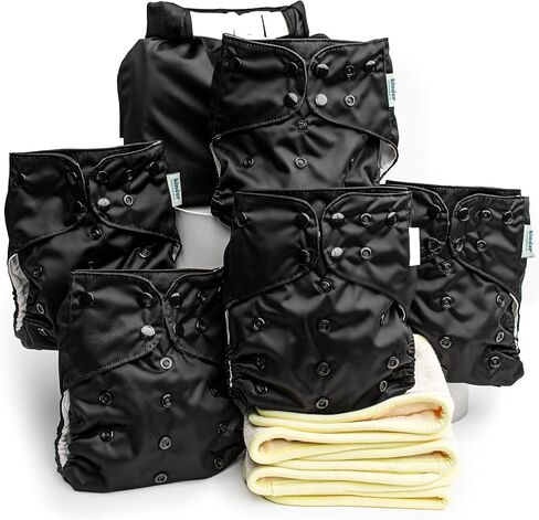 Kinder Cloth Diapers Set of 5 Reusable Baby Diapers Pocket Style Athletic Wicking Jersey, Bamboo Viscose Inserts, Wet Bag, Newborn to Potty Training 7-60lbs, One Size (Midnight) in Kuwait