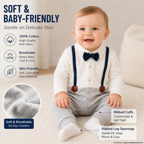 Gentleman Bow Tie Baby Boy Romper Soft Cotton Newborn Outfit for First Birthday Wedding Family Photo Gift in Kuwait