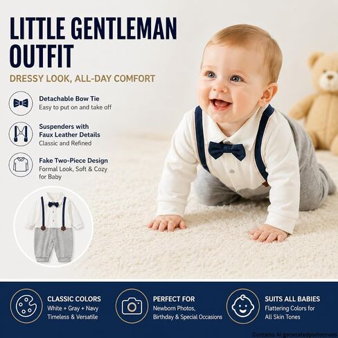 Gentleman Bow Tie Baby Boy Romper Soft Cotton Newborn Outfit for First Birthday Wedding Family Photo Gift in Kuwait