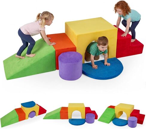 Costzon 6 PCS Foam Climbing Blocks, Velvet Indoor Climb & Crawl Activity Playset w/Slide & Tunnel, Toddler Climbing Toys, Soft Foam Block Play Set, Montessori Gross Motor Toy for Kids 3+ (Colorful) in Kuwait