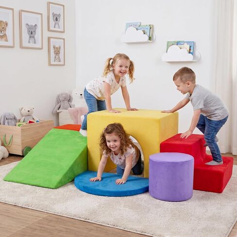 Costzon 6 PCS Foam Climbing Blocks, Velvet Indoor Climb & Crawl Activity Playset w/Slide & Tunnel, Toddler Climbing Toys, Soft Foam Block Play Set, Montessori Gross Motor Toy for Kids 3+ (Colorful) in Kuwait