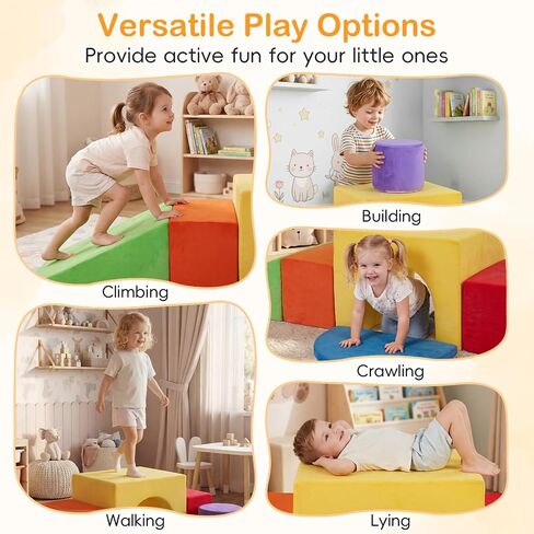 Costzon 6 PCS Foam Climbing Blocks, Velvet Indoor Climb & Crawl Activity Playset w/Slide & Tunnel, Toddler Climbing Toys, Soft Foam Block Play Set, Montessori Gross Motor Toy for Kids 3+ (Colorful) in Kuwait