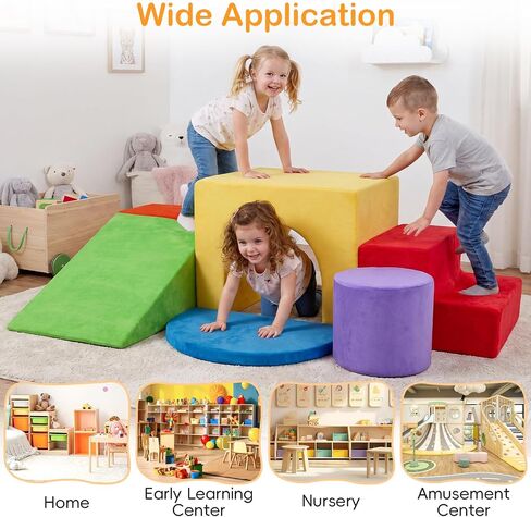 Costzon 6 PCS Foam Climbing Blocks, Velvet Indoor Climb & Crawl Activity Playset w/Slide & Tunnel, Toddler Climbing Toys, Soft Foam Block Play Set, Montessori Gross Motor Toy for Kids 3+ (Colorful) in Kuwait
