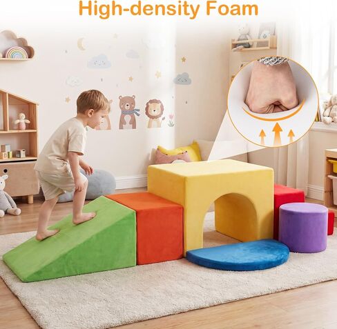 Costzon 6 PCS Foam Climbing Blocks, Velvet Indoor Climb & Crawl Activity Playset w/Slide & Tunnel, Toddler Climbing Toys, Soft Foam Block Play Set, Montessori Gross Motor Toy for Kids 3+ (Colorful) in Kuwait