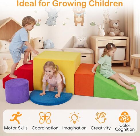 Costzon 6 PCS Foam Climbing Blocks, Velvet Indoor Climb & Crawl Activity Playset w/Slide & Tunnel, Toddler Climbing Toys, Soft Foam Block Play Set, Montessori Gross Motor Toy for Kids 3+ (Colorful) in Kuwait