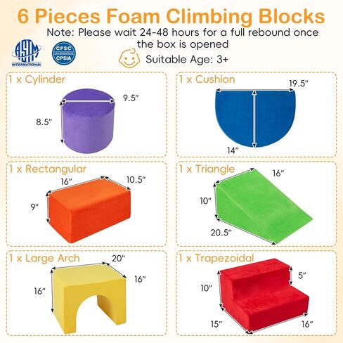 Costzon 6 PCS Foam Climbing Blocks, Velvet Indoor Climb & Crawl Activity Playset w/Slide & Tunnel, Toddler Climbing Toys, Soft Foam Block Play Set, Montessori Gross Motor Toy for Kids 3+ (Colorful) in Kuwait