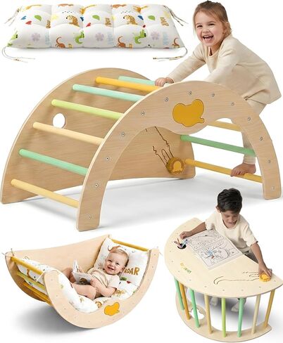 Savan'Arc Wooden Climbing Arch, 6-in-1 Pikler Montessori Rocker & Cushion | Wooden Pikler climbing arch for babies & toddlers 1-3 years - 6-in-1 rocker, tunnel with cushion Montessori gym in Kuwait