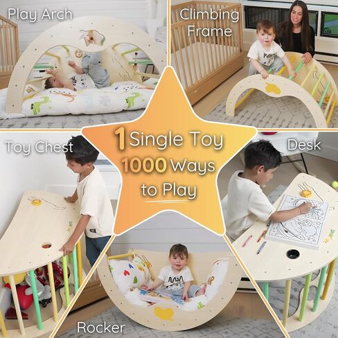Savan'Arc Wooden Climbing Arch, 6-in-1 Pikler Montessori Rocker & Cushion | Wooden Pikler climbing arch for babies & toddlers 1-3 years - 6-in-1 rocker, tunnel with cushion Montessori gym in Kuwait