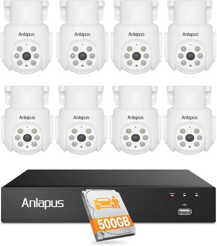 Anlapus 5MP Wired Security Camera System with Audio & Human Vehicle Detection, Includes 8 x 1080P 360° Pan/Tilt Cameras with Night Vision, 8CH 3K DVR with 500GB HDD for 24/7 Recording. in Kuwait