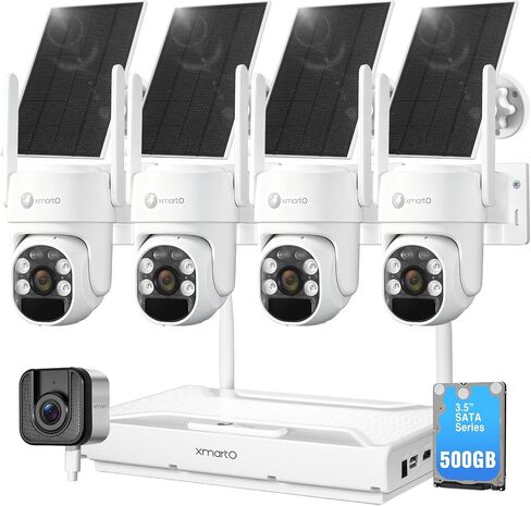 xmartO [Window Cam + 4-CAM] 4X 2K PTZ AI Tracking Solar Cams + 1x 2K WiFi 6 Window Camera, 4K 10CH Expandable WiFi NVR with 500GB HDD, Humanoid Detection, Compatible with Alexa, No Monthly Fee in Kuwait