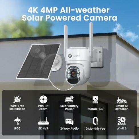 xmartO [Window Cam + 4-CAM] 4X 2K PTZ AI Tracking Solar Cams + 1x 2K WiFi 6 Window Camera, 4K 10CH Expandable WiFi NVR with 500GB HDD, Humanoid Detection, Compatible with Alexa, No Monthly Fee in Kuwait