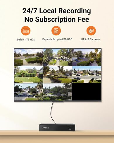 Anlapus 4K 8MP Home Security Camera System Outdoor Indoor, 8CH H.265+ DVR with 1TB HDD, 8 x Wired Surveillance CCTV Cameras, AI Human Vehicle Detect, Audio Recording, 80ft Night Vision, Remote Access in Kuwait