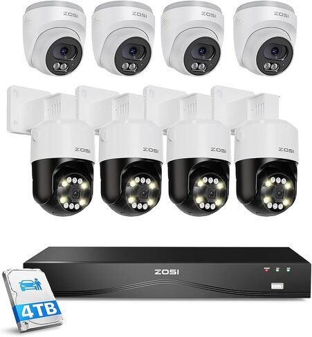 ZOSI 16CH (32CH Expandable) 4K PoE Security Camera System, 4X C220 4K 8MP PoE Camera and 4X C296 4K 8MP PoE IP Pan/Tilt Security Camera Outdoor, Night Vision, AI Detection, 4TB HDD for 24/7 Record in Kuwait