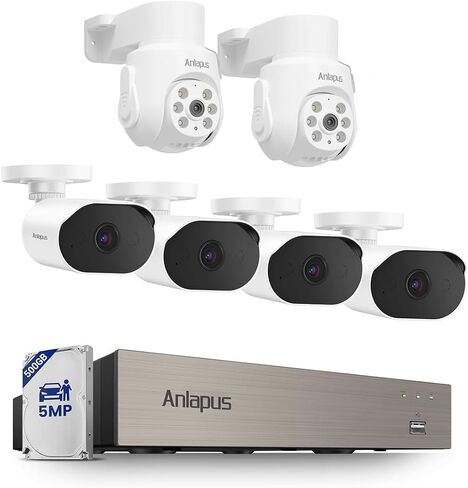 Anlapus 5MP Wired Security Camera System with Audio Recording, Includes 4pcs Outdoor Indoor Cameras + 2 Pack Pan Tilt PTZ Cameras with Night Vision, 8CH DVR with 500GB HDD for 24/7 Surveillance. in Kuwait