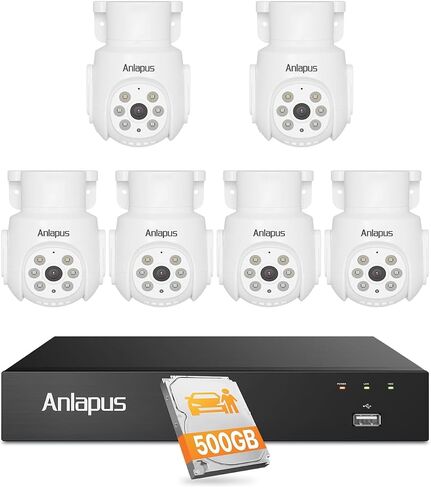 Anlapus 5MP Wired Security Camera System with Audio & Human Vehicle Detection – 6 x 1080P 360° Pan/Tilt Cameras with Night Vision, 8CH DVR with 500GB HDD, 24/7 Recording. in Kuwait