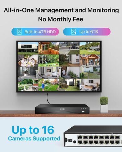ZOSI 16CH (32CH Expandable) 4K PoE Security Camera System, 6x C220 4K 8MP PoE Camera and 6x C290 4K 8MP IP Pan/Tilt Security Camera outdoor, Night Vision, AI Detection, 4TB HDD for 24/7 RecordZOSI 16C in Kuwait