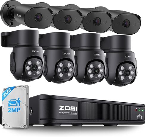 ZOSI 8CH 1080P Home Security Camera System Outdoor Indoor, 4 x 1080P Pan Tilt Surveillance Camera and 4 x CCTV Bullet Cam, AI Human Vehicle Detection, Night Vision, Audio Recording, 500GB Hard Drive in Kuwait