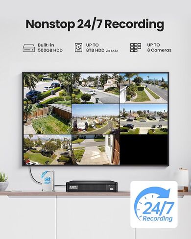 ZOSI 8CH 1080P Home Security Camera System Outdoor Indoor, 4 x 1080P Pan Tilt Surveillance Camera and 4 x CCTV Bullet Cam, AI Human Vehicle Detection, Night Vision, Audio Recording, 500GB Hard Drive in Kuwait