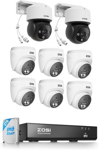 ZOSI 8CH (16CH Expandable) 4K PoE Security Camera System, 6X C220 4K 8MP PoE Camera and 2X C290 4K 8MP IP Pan/Tilt Security Camera Outdoor, Night Vision, AI Detection, 2TB HDD for 24/7 Record in Kuwait