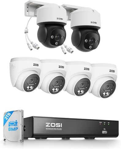 ZOSI 8CH (16CH Expandable) 4K PoE Security Camera System, 4X C220 4K 8MP PoE Camera and 2X C290 4K 8MP PoE IP Pan/Tilt Security Camera Outdoor, Night Vision, AI Detection, 2TB HDD for 24/7 Record in Kuwait