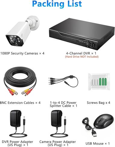 KEPEAK Wired Security Camera System Indoor Outdoor, Motion Detection, Remote Access, 4pcs 1080P Surveillance CCTV Cameras, H.265+ 4CH DVR(NO HDD) in Kuwait