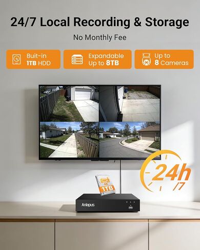 Anlapus 5MP Wired Security Camera System with Human Vehicle Detection & Audio Recording, Includes 6pcs Outdoor Indoor Cameras with Night Vision, 8CH DVR with 1TB HDD for 24/7 Home Surveillance. in Kuwait