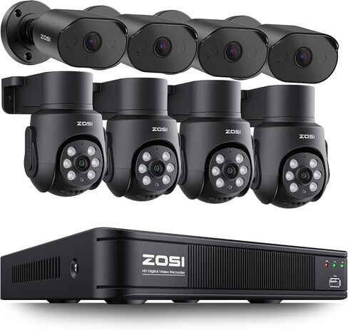 ZOSI 8CH 1080P Home Security Camera System Outdoor Indoor, 4 x 1080P Pan Tilt Surveillance Camera and 4 x CCTV Bullet Cam, AI Human Vehicle Detection, Night Vision, Audio Recording, No Hard Drive in Kuwait