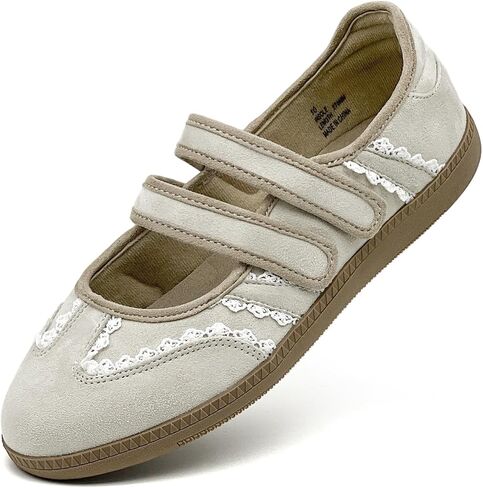 Mary Jane Shoes for Women, Breathable Lightweight Casual Flats Sneakers PU Leather Non-Slip Memory Foam Comfortable Slip On Dressy Ballet Shoes, Beige in Kuwait