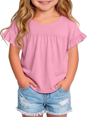 Toddler Girls' Cotton Shirts for School Uniform Summer Cute Ruffle Short Sleeve for Baby Girl Crew Neck Tops in Kuwait