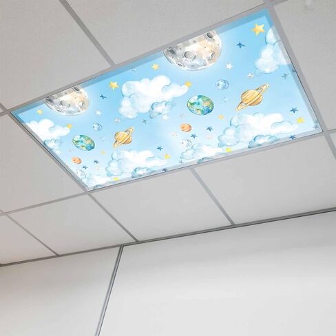 Fluorescent Light Covers, Blue Sky Magnetic Light Covers for Ceiling Lights, Cartoon Cute Planets Universe Star Cloud Fluorescent Ceiling Shade Filters for Classroom Bedroom Office 4x2Ft x 2PCS in Kuwait