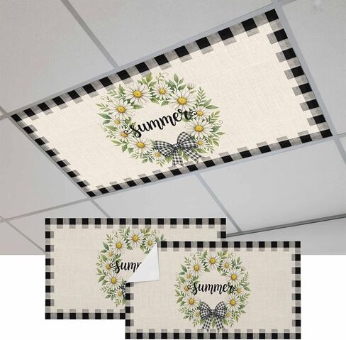 Fluorescent Light Covers, Summer Daisy Magnetic Light Covers for Ceiling Lights, Retro Botanical Flower Wreath Bow Plaid Beige Fluorescent Ceiling Shade for Classroom Bedroom Office 4x2Ft x 4PCS in Kuwait
