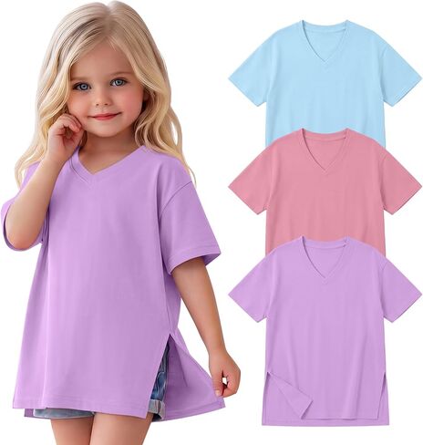 3 Pack Toddlers Girls Oversized T Shirts Short Sleeve Basic Plain Tee Side Split Tops Loose Fit Casual Summer 2T-6Y in Kuwait