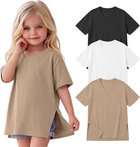 3 Pack Toddler Girls Oversized T Shirts 2T-6Y | Short Sleeve Basic Plain Tees, Side Split Tops, Loose Fit Casual Shirts, Summer, School, Playwear, Daily Wear in Kuwait