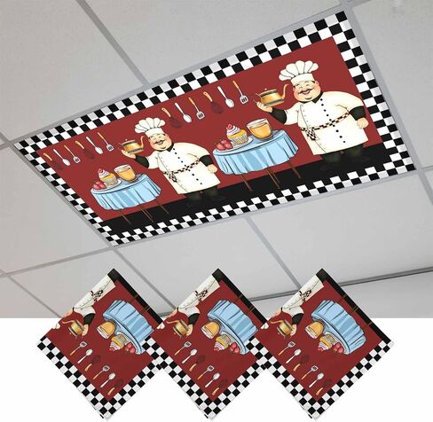 Fluorescent Light Covers, Chef Magnetic Light Covers for Ceiling Lights, Red Cartoon Cakes Food Cooking Farmhouse Plaid Fluorescent Ceiling Shade Filters for Classroom Bedroom Office 4x2Ft x 2PCS in Kuwait