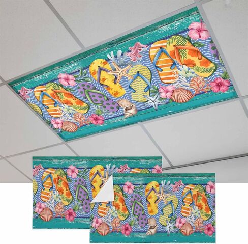 Fluorescent Light Covers, Watercolor Flip Flops Magnetic Light Covers for Ceiling Lights, Summer Ocean Coral Starfish Floral Green Fluorescent Ceiling Shade for Classroom Bedroom Office 4x2Ft x 1PCS in Kuwait