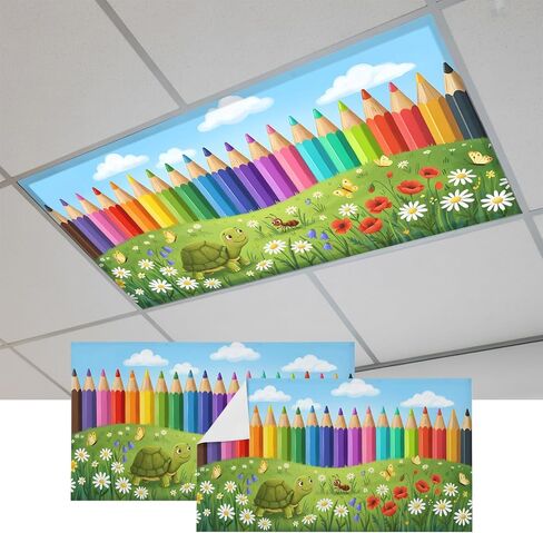 Fluorescent Light Covers, Cartoon Cute Magnetic Light Covers for Ceiling Lights, Country Colorful Botanical Sky Blue Green Fluorescent Ceiling Shade Filters for Classroom Bedroom Office 4x2Ft x 4PCS in Kuwait