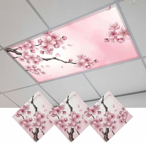 Fluorescent Light Covers, Pink Cherry Flower Magnetic Light Covers for Ceiling Lights, Spring Watercolor Blooms Floral Branch Fluorescent Ceiling Shade for Classroom Bedroom Office 4x2Ft x 2PCS in Kuwait