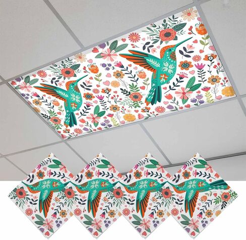 Fluorescent Light Covers, Birds Flowers Magnetic Light Covers for Ceiling Lights, Cartoon Sunny Colorful Botanical Floral Fluorescent Ceiling Shade Filters for Classroom Bedroom Office 4x2Ft x 2PCS in Kuwait