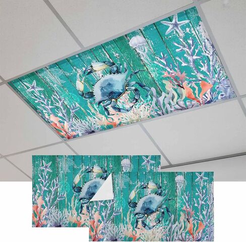 Fluorescent Light Covers, Coastal Crab Magnetic Light Covers for Ceiling Lights, Watercolor Ocean Animal Coral Jellyfish Wood Green Fluorescent Ceiling Shade for Classroom Bedroom Office 4x2Ft x 1PCS in Kuwait
