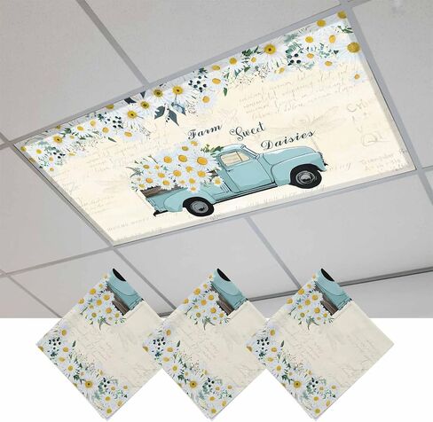 Fluorescent Light Covers, Spring Daisy Magnetic Light Covers for Ceiling Lights, White Flowers Country Car Farmhouse Wood Grain Fluorescent Ceiling Shade for Classroom Bedroom Office 4x2Ft x 4PCS in Kuwait