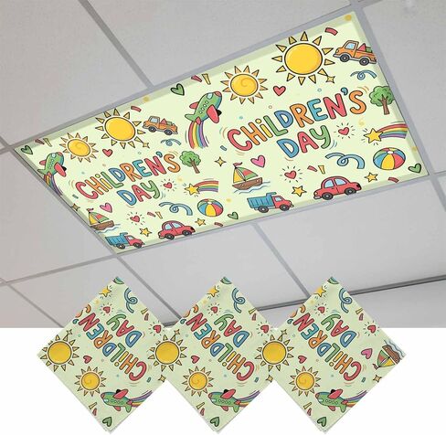 Fluorescent Light Covers, Blue Children's Day Magnetic Light Covers for Ceiling Lights, Car Tree Stars Modern Abstract Art Cartoon Fluorescent Ceiling Shade for Classroom Bedroom Office 4x2Ft x 4PCS in Kuwait