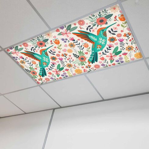 Fluorescent Light Covers, Turquoise Birds Magnetic Light Covers for Ceiling Lights, Country Cartoon Colorful Flowers Herbs Fluorescent Ceiling Shade Filters for Classroom Bedroom Office 4x2Ft x 3PCS in Kuwait
