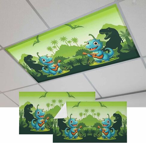 Fluorescent Light Covers, Funny Dinosaur Magnetic Light Covers for Ceiling Lights, Playing Guitar Palm Tropical Green Silhouette Fluorescent Ceiling Shade for Classroom Bedroom Office 4x2Ft x 2PCS in Kuwait