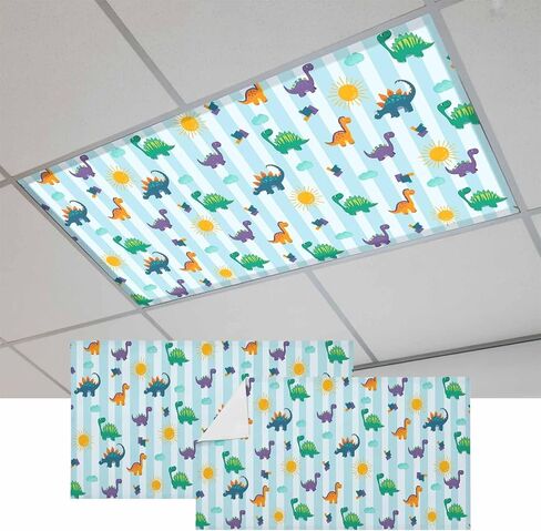 Fluorescent Light Covers, Cartoon Dinosaur Magnetic Light Covers for Ceiling Lights, Watercolor Green Orange Dino Sun Striped Fluorescent Ceiling Shade for Classroom Bedroom Office 4x2Ft x 3PCS in Kuwait